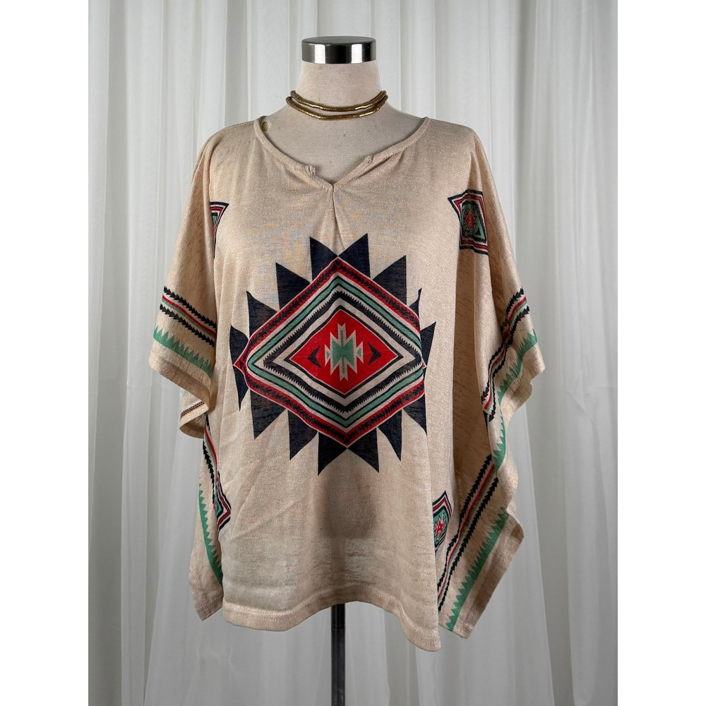 Southwestern Aztec Geometric Poncho Top Boho Festival Womens Beige One Size
